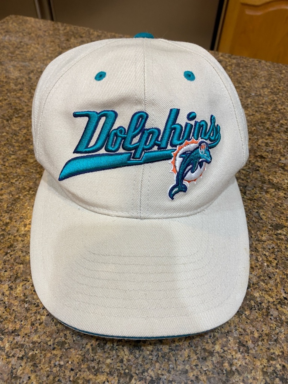 Miami Dolphins Script Logo Beige Baseball Cap - Teal Embroidery